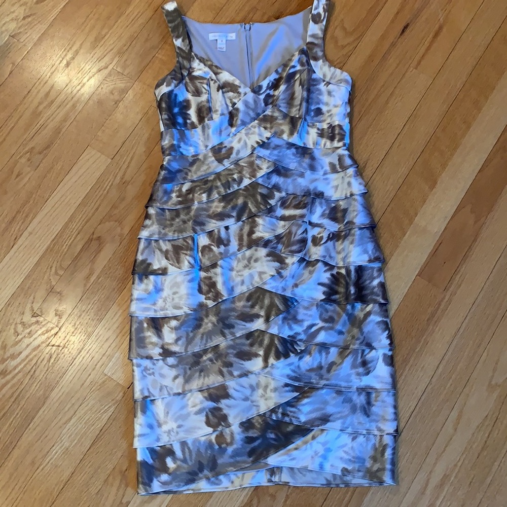 Shimmering grey and white crisscross dress.
